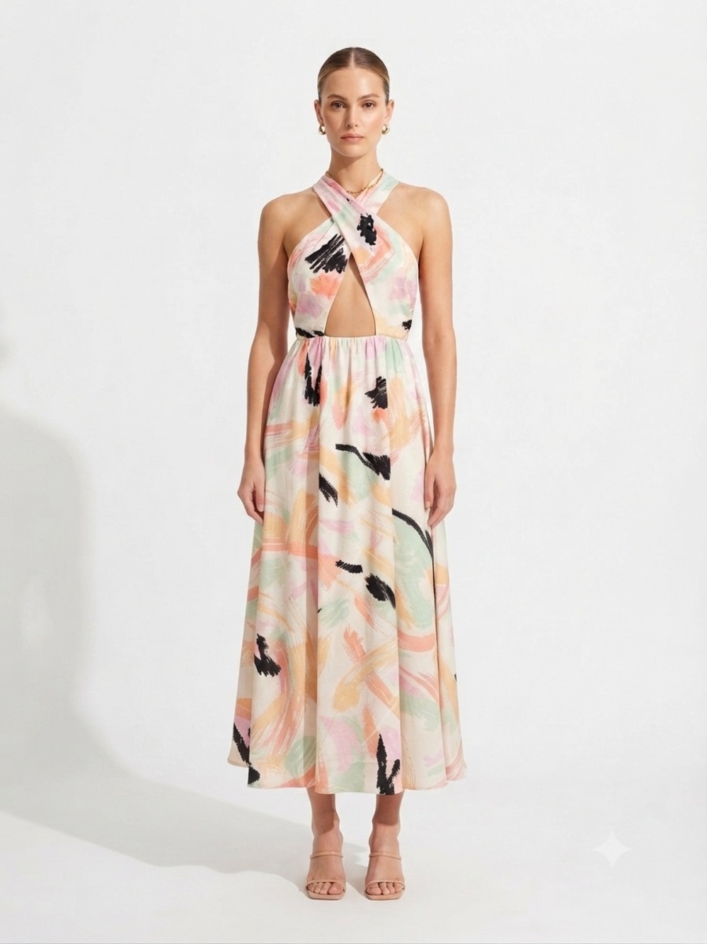 ASOS Design Halter Maxi Dress Womens US 0 Pink Abstract Brushstroke Cutout Artsy